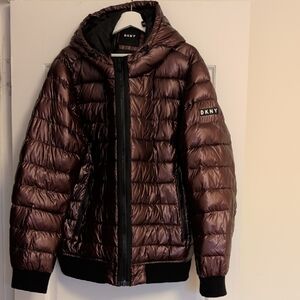 DKNY Metallic Plum Quilted Hooded Puffer Jacket